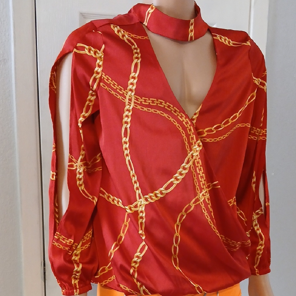 BOLD elements Red and Gold Cut Out Wrap Blouse